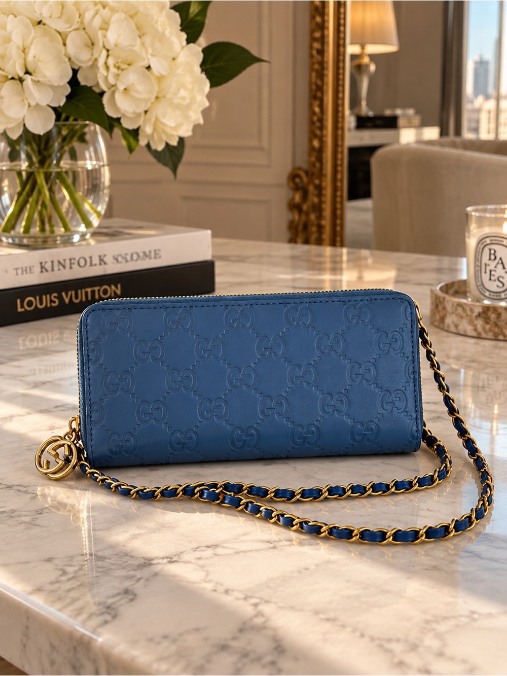 Gucci Blue Microguccissima Leather Zip Wallet + Crossbody Chain